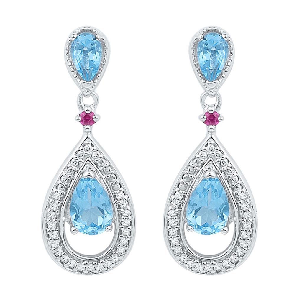14k White Gold Oval Created Blue Topaz Diamond Dangle Earrings 1-5/8 Cttw