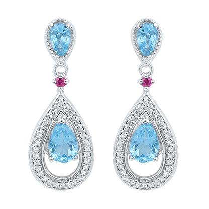 14k White Gold Oval Created Blue Topaz Diamond Dangle Earrings 1-5/8 Cttw