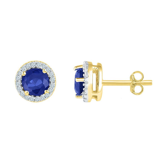 10k Yellow Gold Created Blue Sapphire Diamond Stud Earrings 1-1/2 Cttw