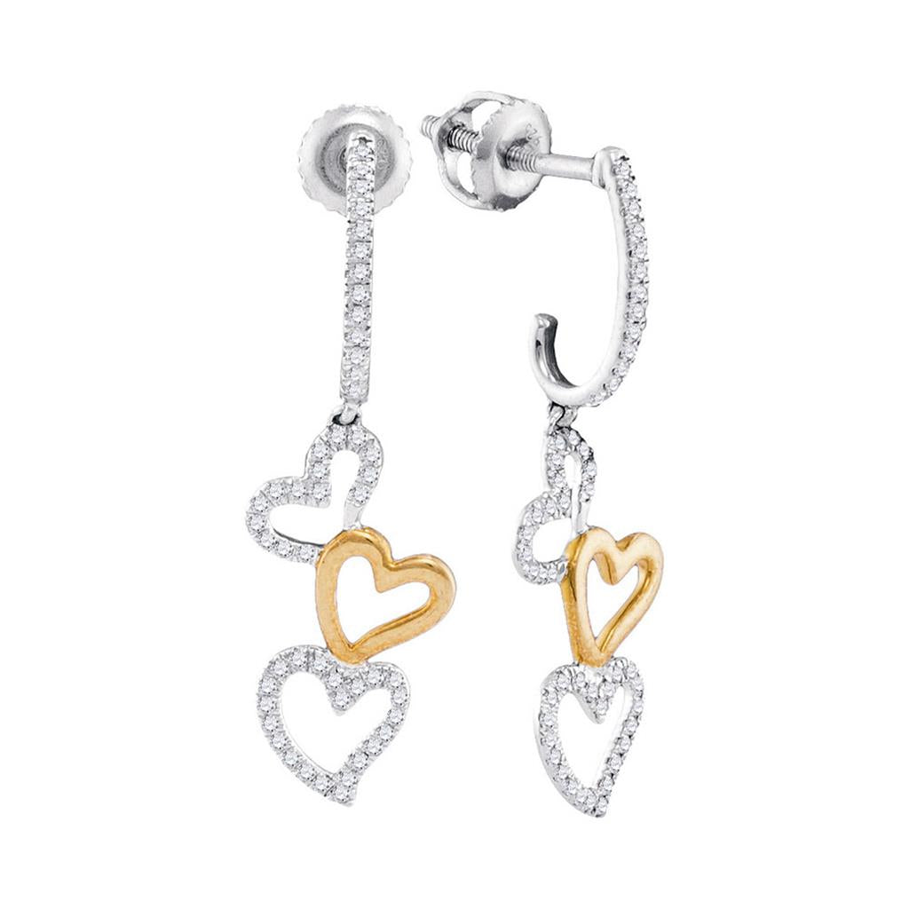 10k Two-tone White Gold Round Diamond Dangling Triple Heart Earrings 1/4 Cttw