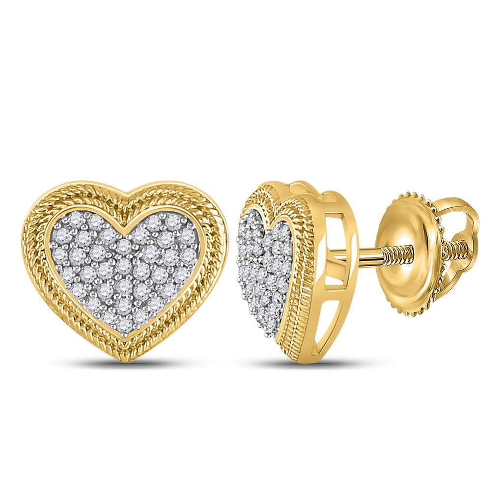 10k Yellow Gold Round Diamond Heart Cluster Earrings 1/5 Cttw