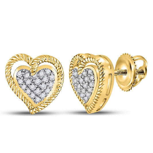 10k Yellow Gold Round Diamond Milgrain Heart Cluster Earrings 1/10 Cttw