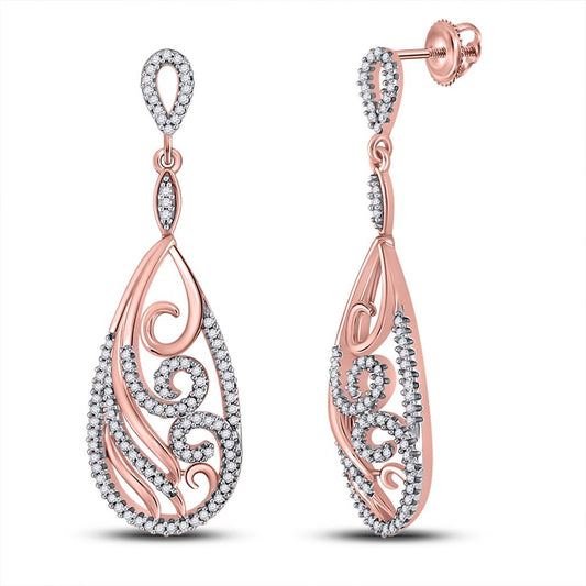 10k Rose Gold Round Diamond Curl Teardrop Dangle Earrings 1/2 Cttw