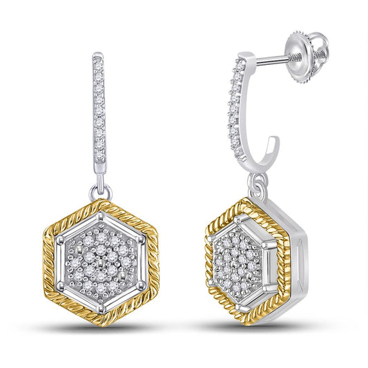 10k Two-tone Gold Round Diamond Hexagon Rope Dangle Earrings 1/8 Cttw