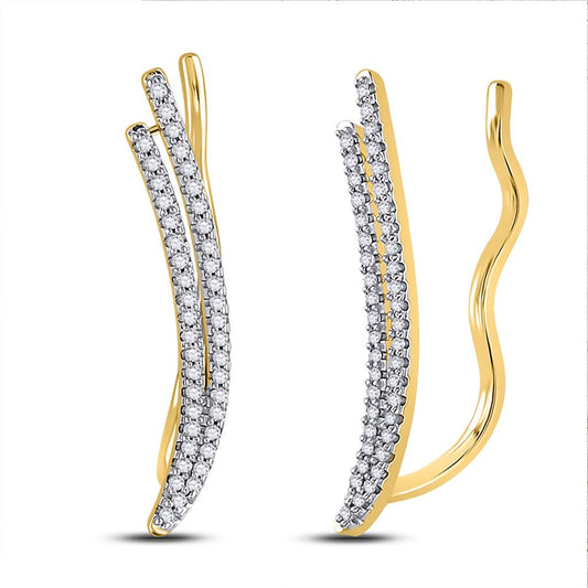10k Yellow Gold Round Diamond Double Two Row Climber Earrings 1/4 Cttw