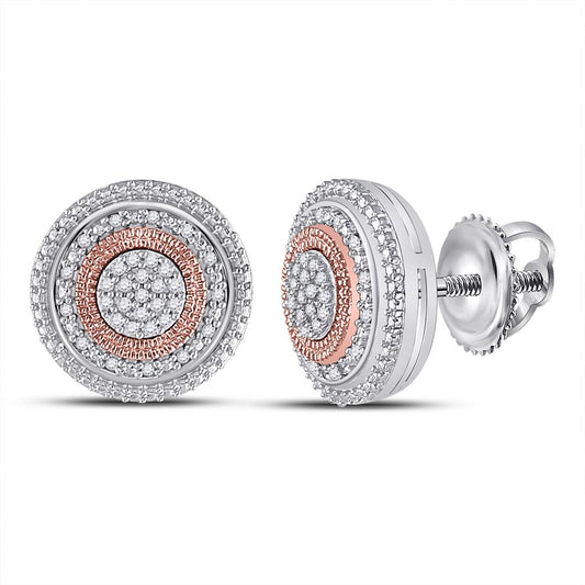 10k Two-tone Gold Round Diamond Concentric Circle Cluster Earrings 1/6 Cttw