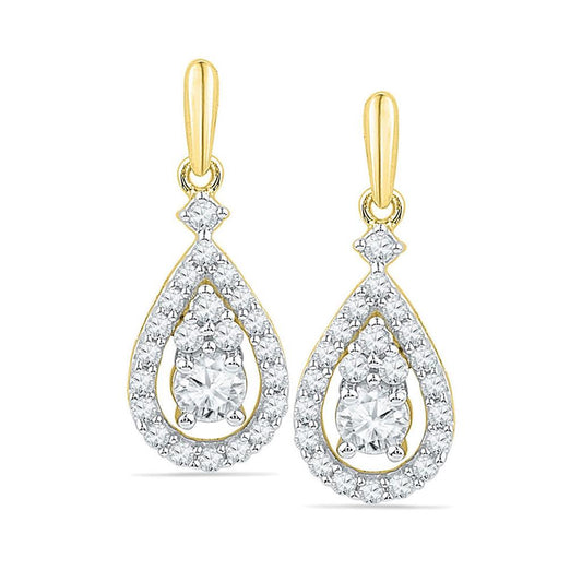 10k Yellow Gold Round Diamond Solitaire Teardrop Frame Dangle Earrings 1/2 Cttw