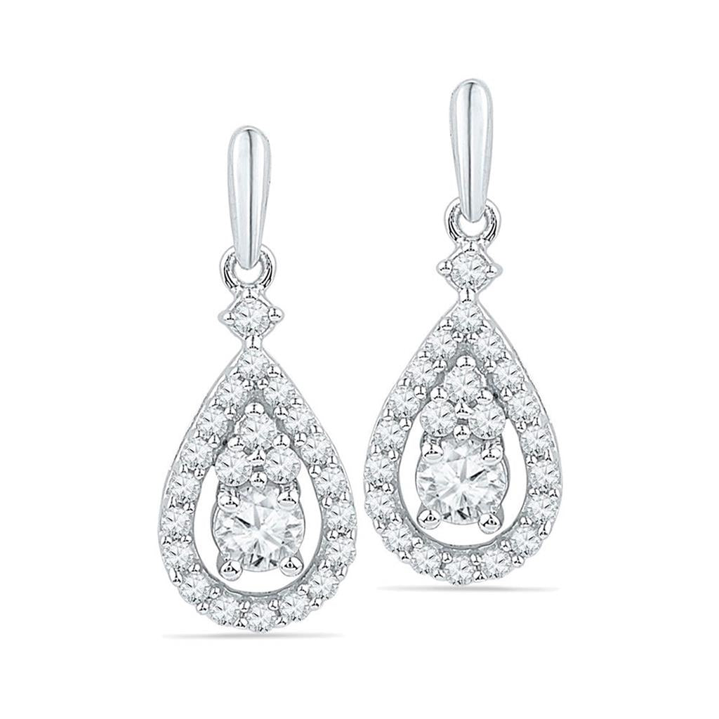 14k White Gold Round Diamond Solitaire Teardrop Frame Dangle Earrings 1/2 Cttw