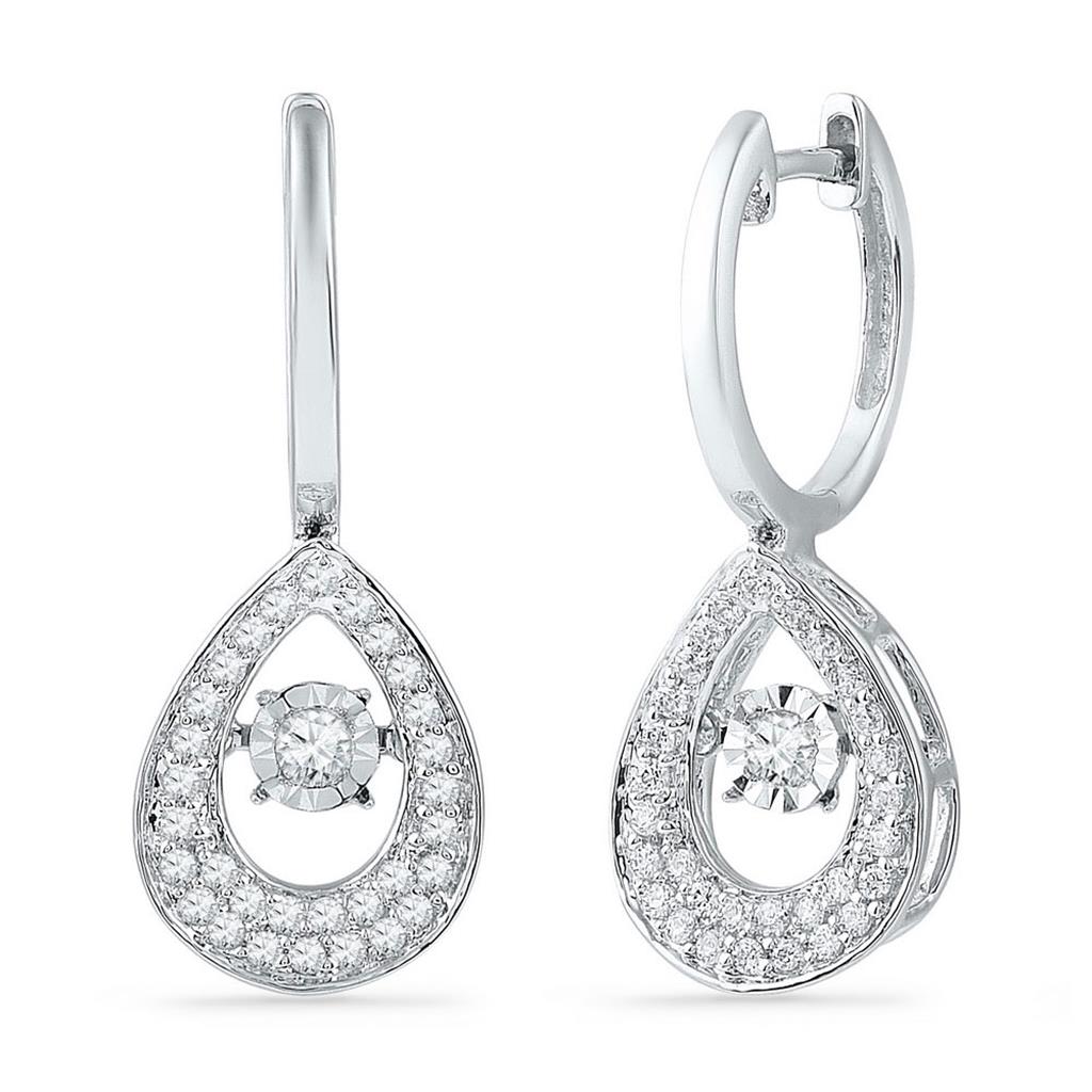 14kt White Gold Round Diamond Teardrop Moving Twinkle Dangle Earrings 1/2 Cttw