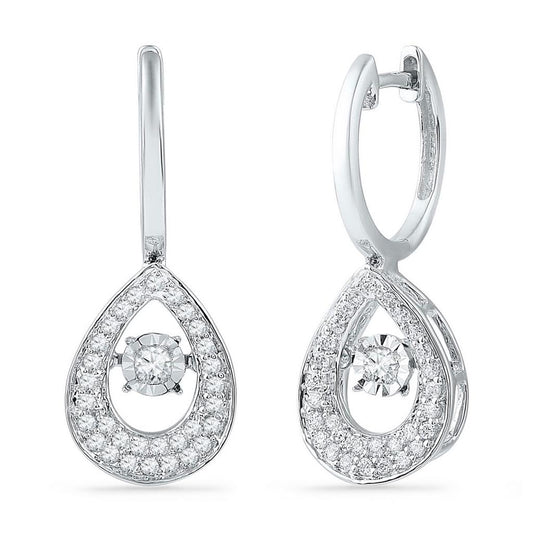 14kt White Gold Round Diamond Teardrop Moving Twinkle Dangle Earrings 1/2 Cttw