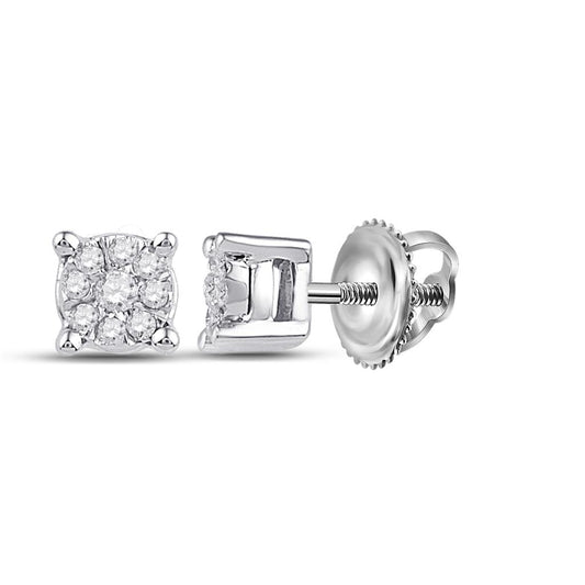 14k White Gold Round Diamond Cluster Earrings 1/10 Cttw