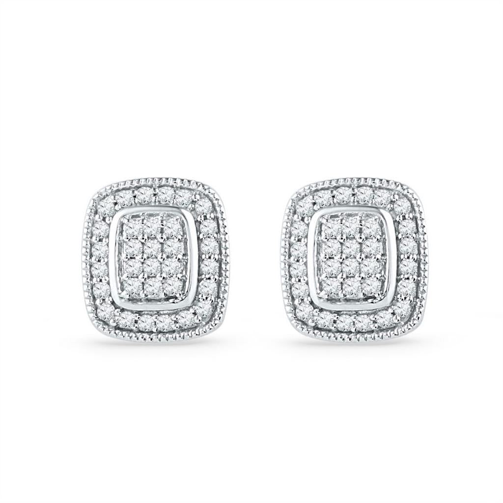14k White Gold Round Diamond Square Cluster Stud Earrings 1/4 Cttw