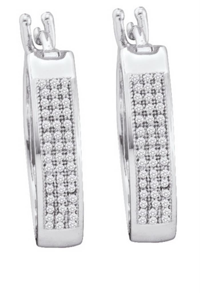 14kt White Gold Round Diamond Triple Row Hoop Earrings 1/4 Cttw