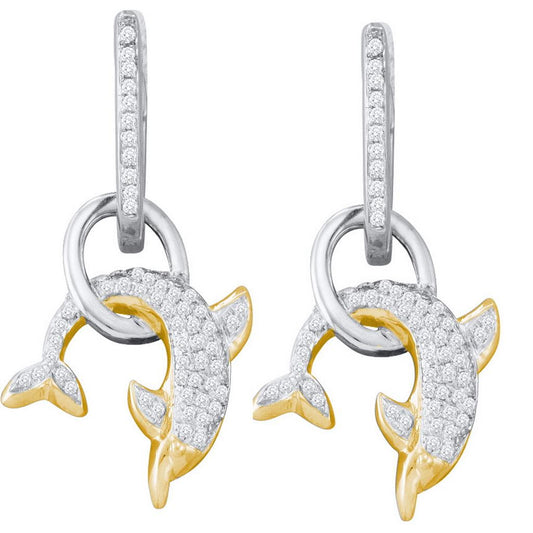 10k Two-tone Gold Round Diamond Dolphin Hoop Dangle Earrings 1/3 Cttw