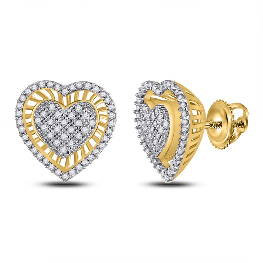 10k Yellow Gold Round Diamond Heart Cluster Stud Earrings 1/3 Cttw