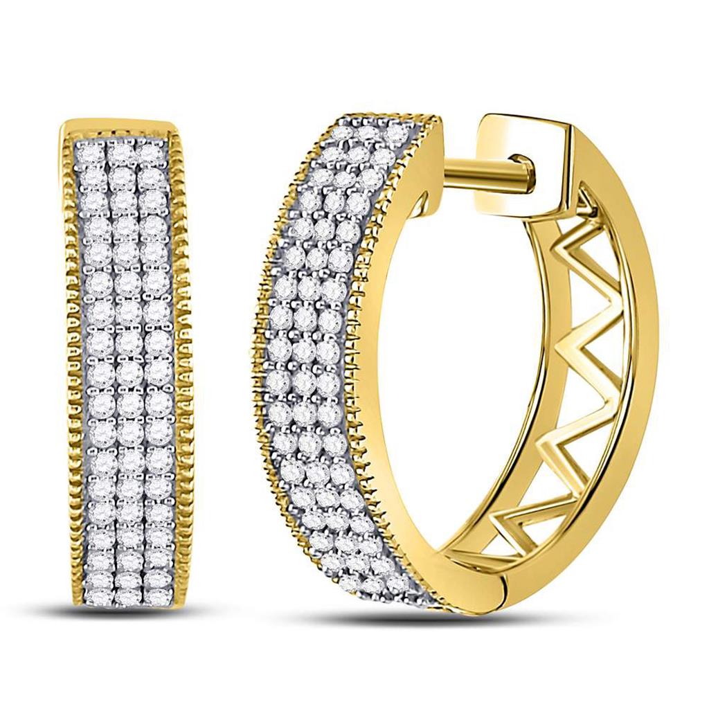 10k Yellow Gold Round Diamond Triple Row Pave Hoop Earrings 1/3 Cttw