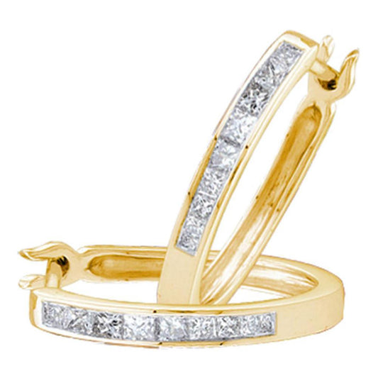 14k Yellow Gold Princess Diamond Snap-down Hoop Earrings 1/3 Cttw