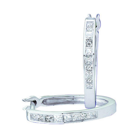 14k White Gold Princess Diamond Slender Hoop Earrings 1/3 Cttw