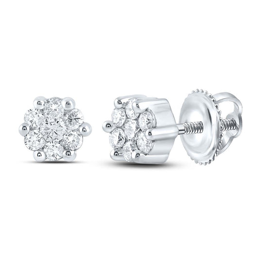 14k White Gold Round Diamond Flower Cluster Earrings 1/6 Cttw