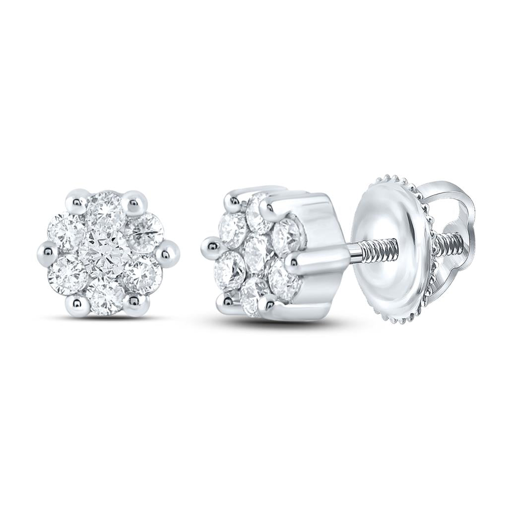 14k White Gold Round Diamond Flower Cluster Earrings 1/6 Cttw