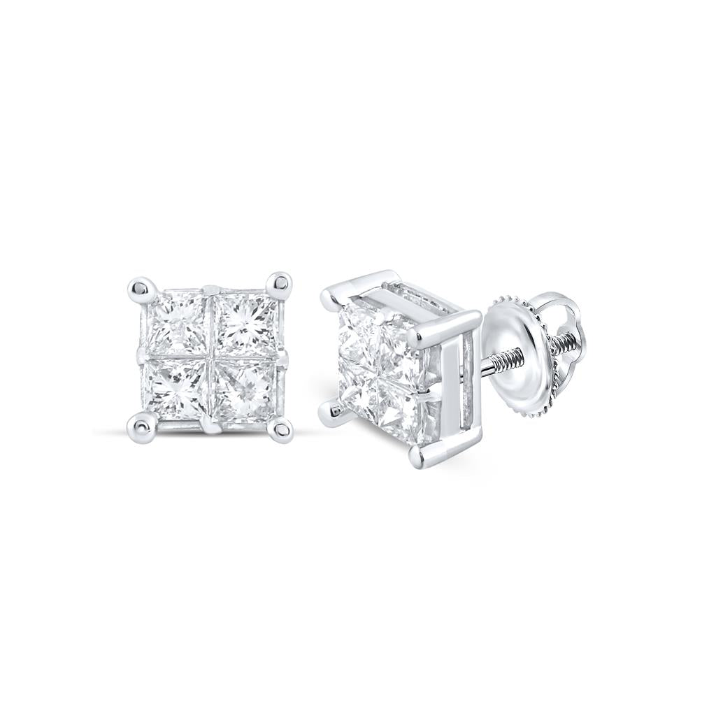 14kt White Gold Womens Princess Diamond Square Cluster Stud Earrings 1 Cttw