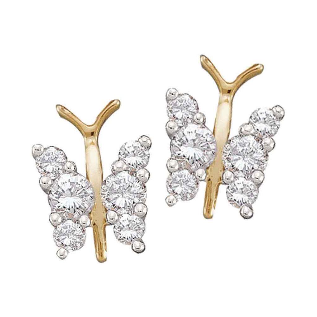 14k Yellow Gold Round Diamond Butterfly Bug Earrings 1/3 Cttw