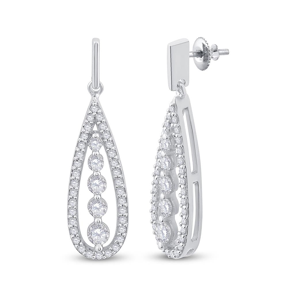 14k White Gold Round Diamond Teardrop Dangle Earrings 3/4 Cttw