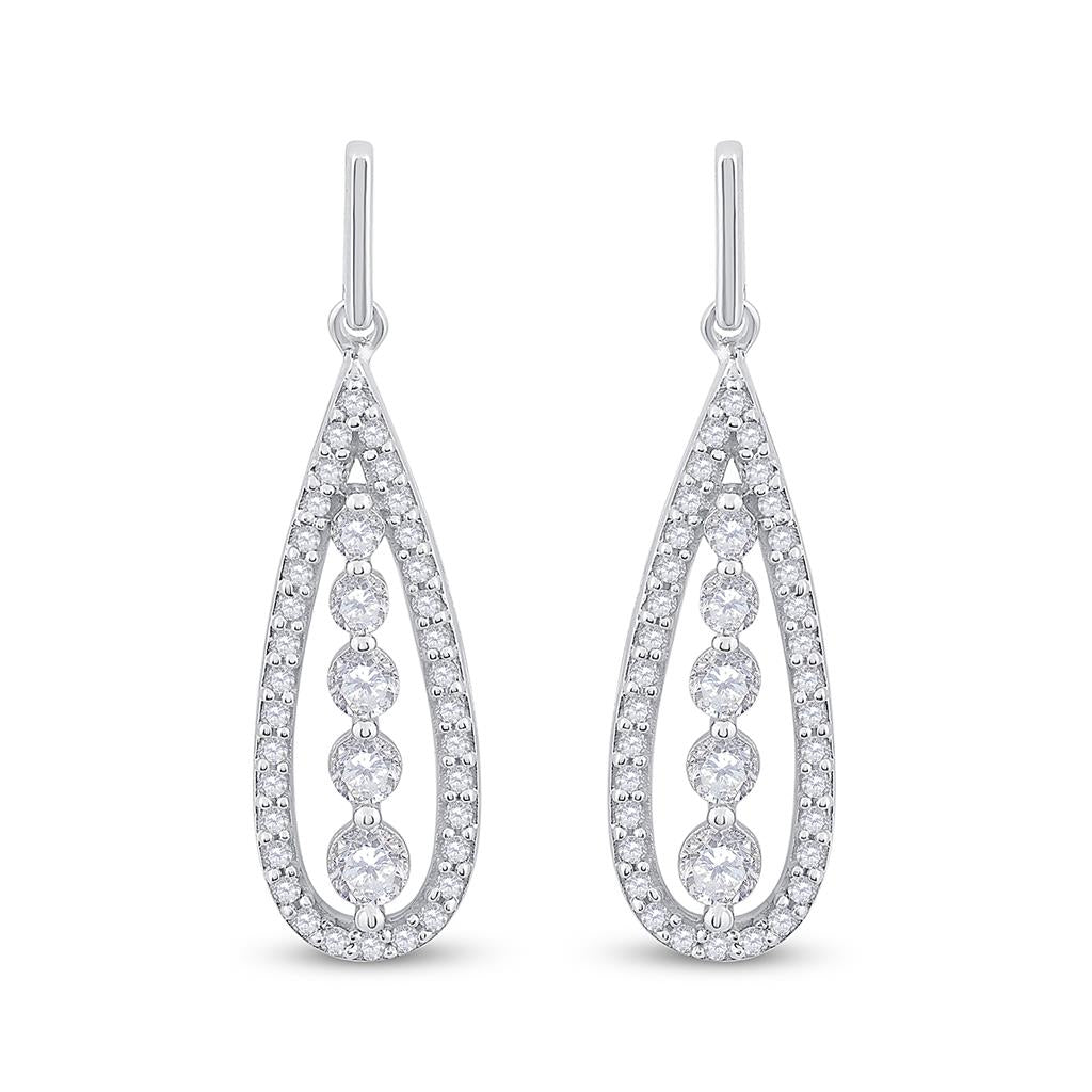 14k White Gold Round Diamond Teardrop Dangle Earrings 3/4 Cttw