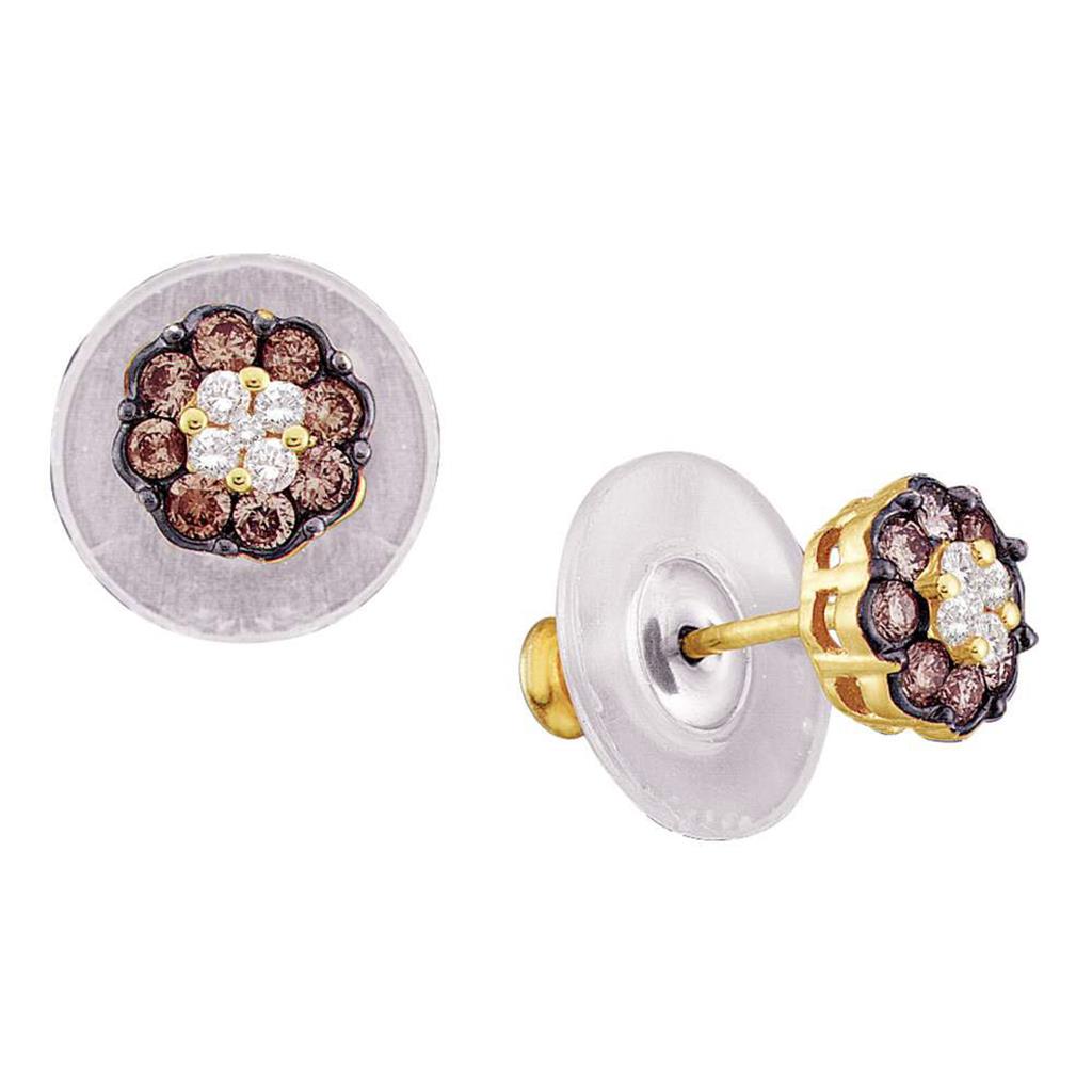 14k Yellow Gold Round Brown Diamond Cluster Earrings 1/2 Cttw