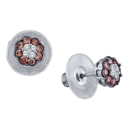 14k White Gold Round Brown Diamond Cluster Earrings 1 Cttw