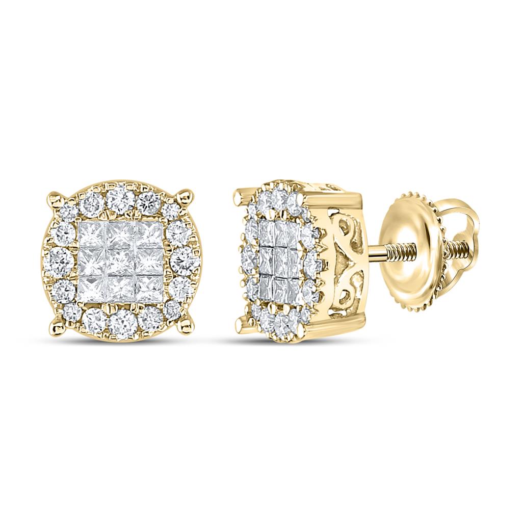 14k Yellow Gold Princess Diamond Cluster Earrings 1 Cttw