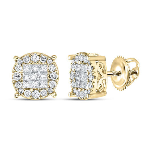 14k Yellow Gold Princess Diamond Cluster Earrings 1 Cttw