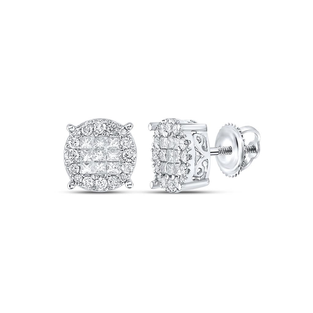 14k White Gold Princess Diamond Fashion Cluster Earrings 1 Cttw