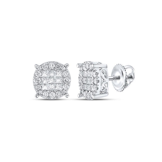 14k White Gold Princess Diamond Fashion Cluster Earrings 1 Cttw