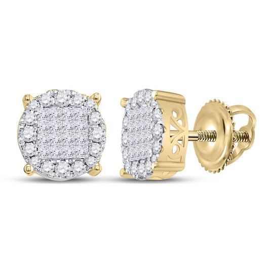 14k Yellow Gold Princess Round Diamond Cluster Earrings 1 Cttw