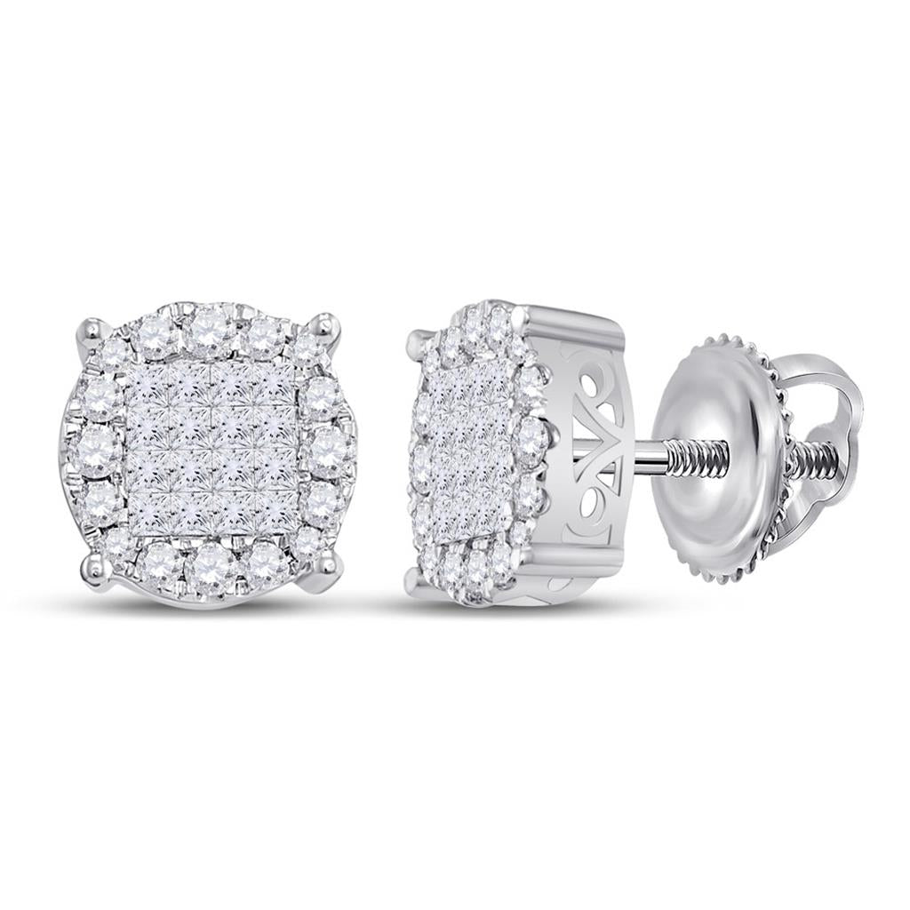 14k White Gold Princess Diamond Fashion Cluster Earrings 1 Cttw