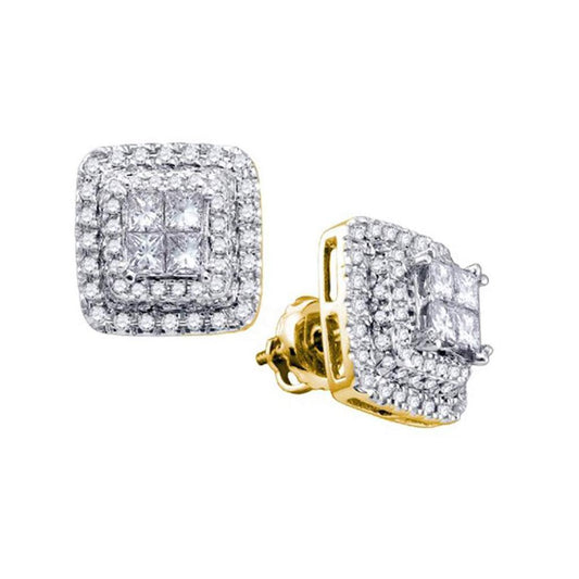 14k Yellow Gold Princess Round Diamond Square Frame Cluster Earrings 1 Cttw