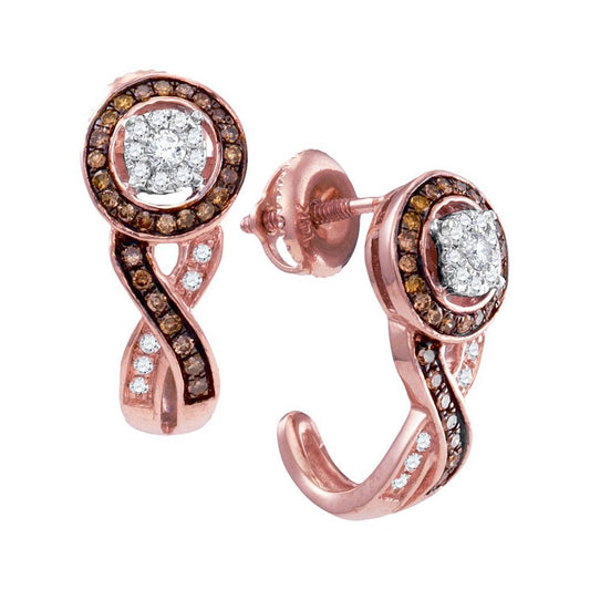 10k Rose Gold Round Brown Diamond Cluster J Hoop Earrings 3/8 Cttw