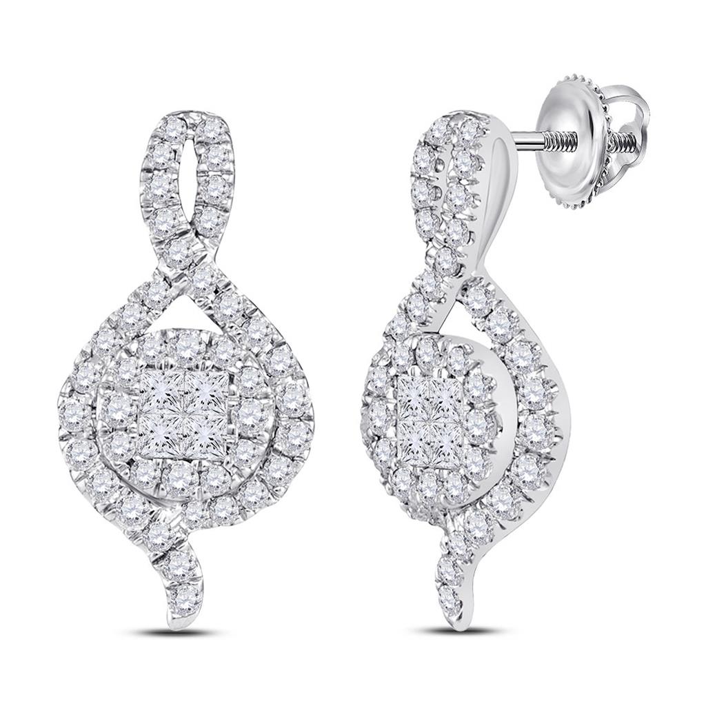 14kt White Gold Princess Round Diamond Cluster Earrings 1/2 Cttw