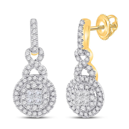 14k Yellow Gold Princess Round Diamond Cluster Dangle Earrings 1/2 Cttw