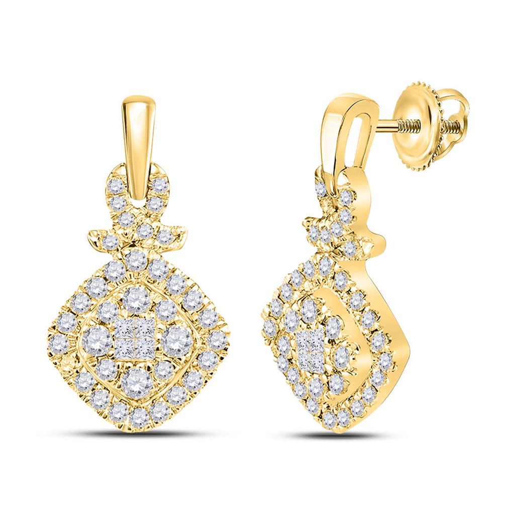 14k Yellow Gold Princess Diamond Cluster Dangle Earrings 1/2 Cttw