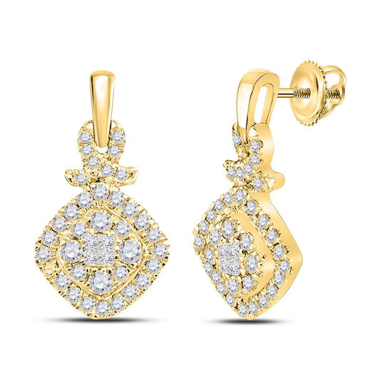 14k Yellow Gold Princess Diamond Cluster Dangle Earrings 1/2 Cttw