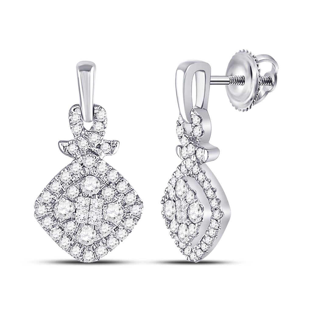 14k White Gold Princess Diamond Square Cluster Dangle Earrings 1/2 Cttw