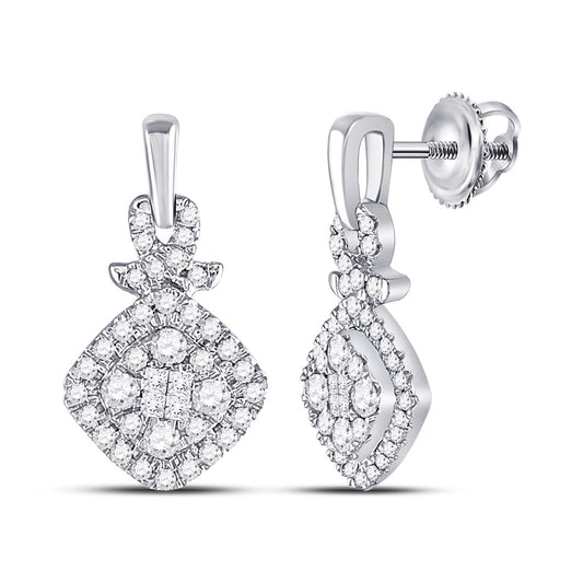14k White Gold Princess Diamond Square Cluster Dangle Earrings 1/2 Cttw