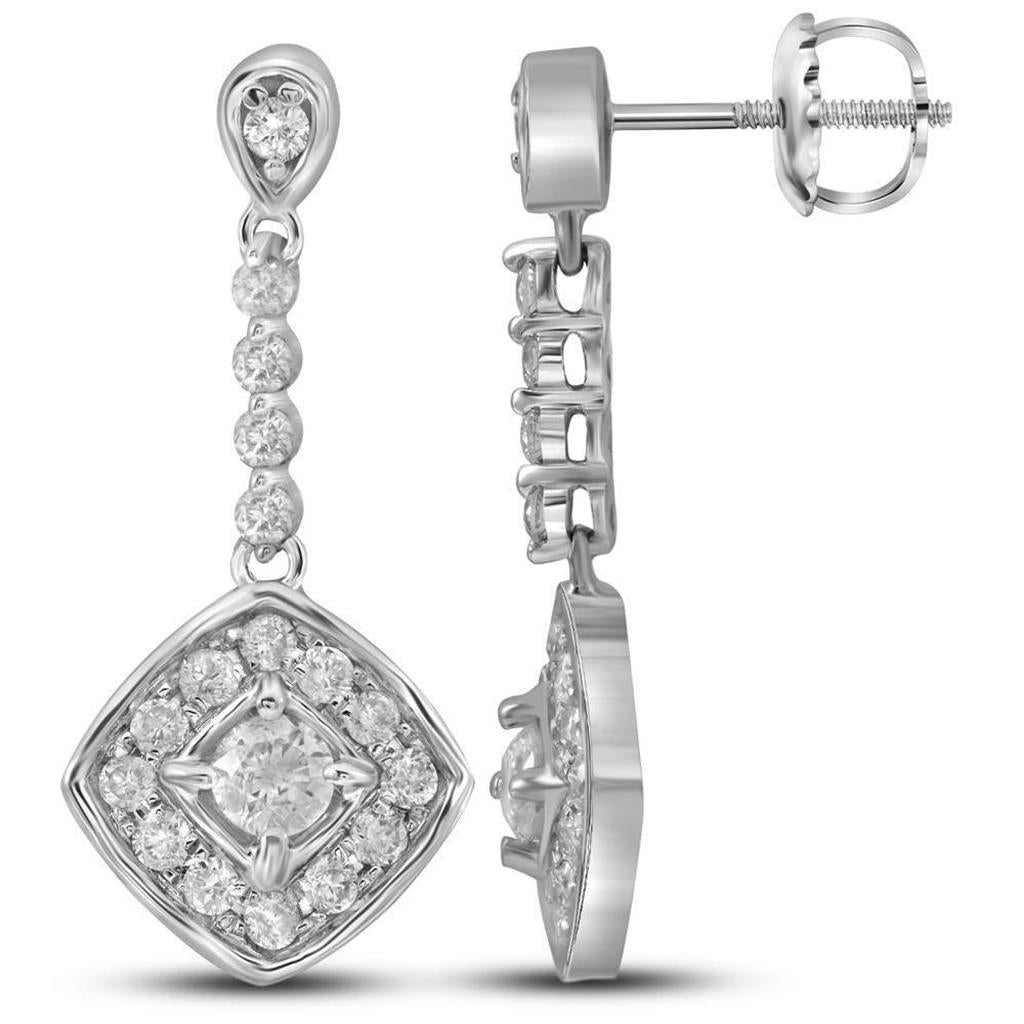 14k White Gold Round Diamond Offset Square Dangle Earrings 1/2 Cttw