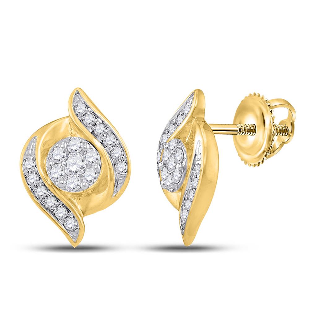 14k Yellow Gold Round Diamond Flower Cluster Earrings 1/4 Cttw