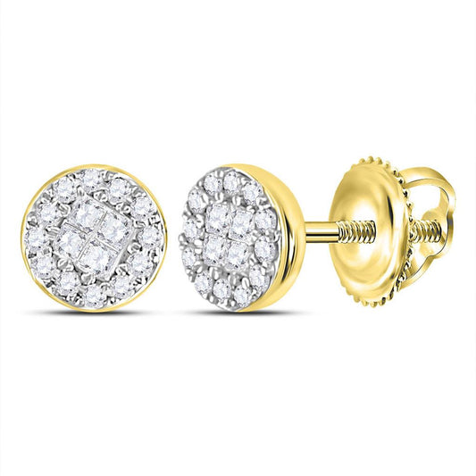 14k Yellow Gold Princess Round Diamond Cluster Earrings 1/6 Cttw