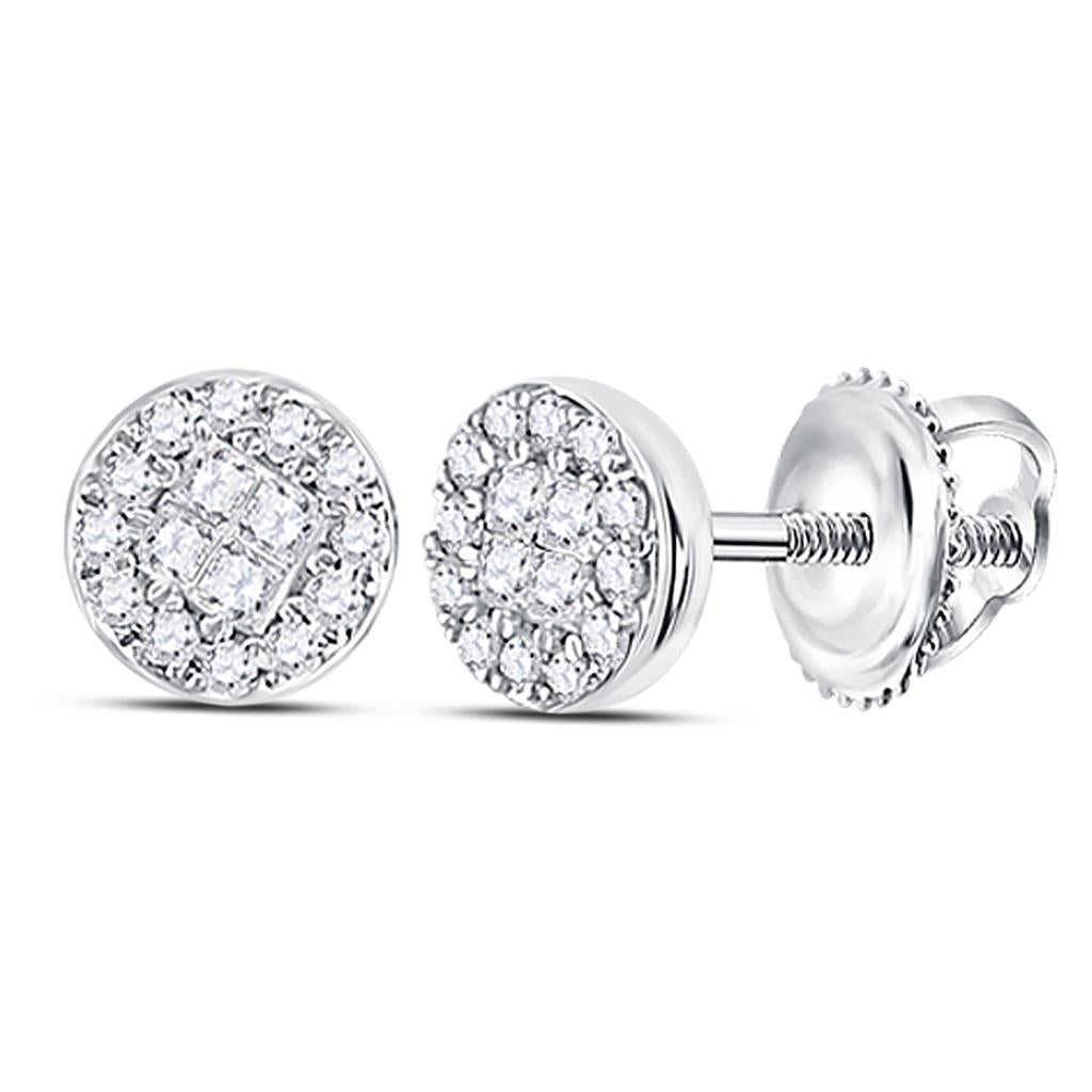 14k White Gold Princess Round Diamond Cluster Earrings 1/6 Cttw