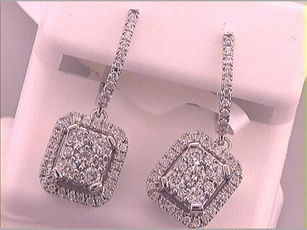 14k White Gold Round Diamond Square Dangle Earrings 1 Cttw