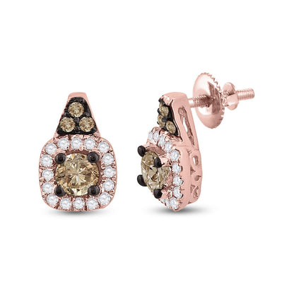 14k Rose Gold Round Brown Diamond Halo Earrings 3/8 Cttw